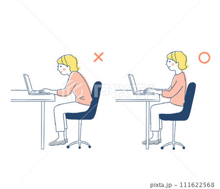 デスクワークする女性 悪い姿勢と良い姿勢の比較 デスクワークする女性 悪い姿勢と良い姿勢の比較 111622568