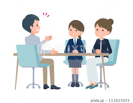 三者面談をする教師と親子 111623055