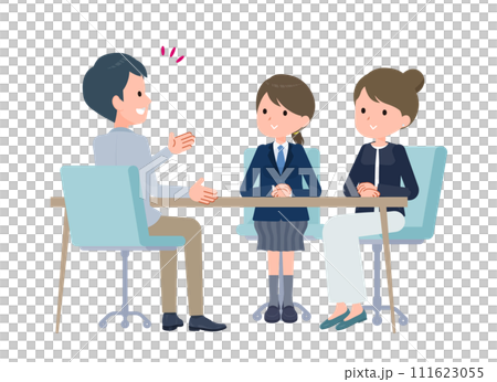 三者面談をする教師と親子 111623055