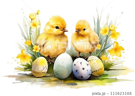 AI-generated content. Two adorable fluffy chicks among decorated Easter eggs and spring daffodils.Greeting card for spring and Easter projects.For invitations to Easter egg hunts, spring celebrations. 111623108