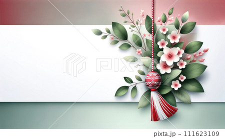 AI-generated content. Beautiful banner featuring Martenitsa, the traditional Romanian symbol of spring, with delicate flowers and leaves against a tricolor background with copy space. Greeting card 111623109