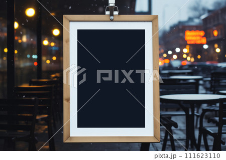 AI-generated content. Blank wooden framed menu mock up board displayed outside bar, with glowing street lights and a vibrant city atmosphere in the evening. 111623110