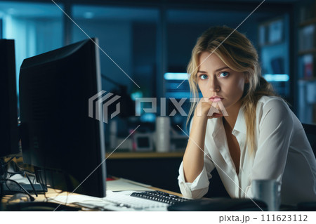 AI-generated content. Pensive young woman at office desk, working after hours.Stress management.Coping with stress.Emotional distress.Stress Awareness Day.World mental health day.Mental health or time 111623112