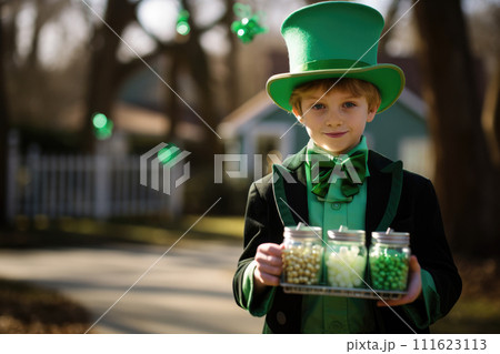 AI-generated content. A young boy dressed as a leprechaun holding jars of gold and green candies for St. Patrick's Day. Copy spacy for text 111623113