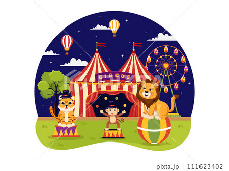 Circus Vector Illustration with Show of Gymnast, Magician, Animal Lion Tiger, Host, Entertainer, Clowns and Amusement Park in Flat Cartoon Background 111623402