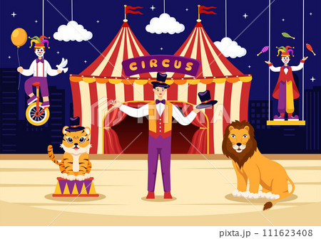 Circus Vector Illustration with Show of Gymnast, Magician, Animal Lion Tiger, Host, Entertainer, Clowns and Amusement Park in Flat Cartoon Background Circus Vector Illustration with Show of Gymnast, Magician, Animal Lion Tiger, Host, Entertainer, Clowns and Amusement Park in Flat Cartoon Background 111623408