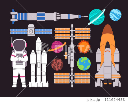 astronaut costume with planet satellite and rocket galaxy universe space environment 111624488