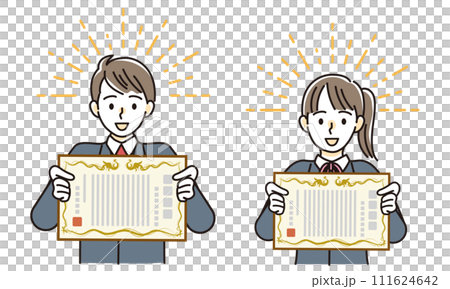 Male and female students looking happy with their diplomas 111624642