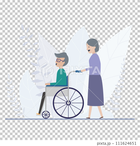 An old woman enjoying a walk with an old man in a wheelchair 111624651