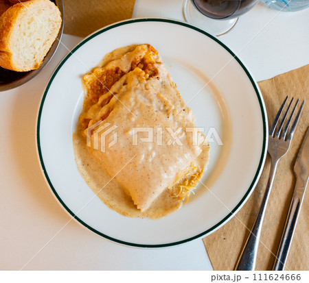 Dish of Italian cuisine is meat lasagna with delicious Parmesan cheese melted on top Dish of Italian cuisine is meat lasagna with delicious Parmesan cheese melted on top 111624666