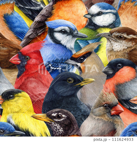 Backyard birds seamless pattern. Watercolor painted illustration decor. Hand drawn vintage style different forest birds decorative seamless pattern 111624933