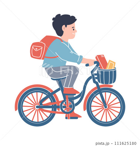 Man riding bicycle flat courier delivery bring bag and basket colorful flat character with outline Man riding bicycle flat courier delivery bring bag and basket colorful flat character with outline 111625180