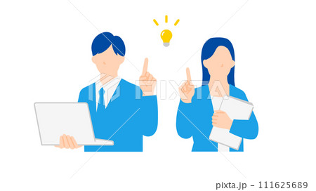 人差し指を立てて解決策をアピールする男女のビジネスパーソンのイラスト 人差し指を立てて解決策をアピールする男女のビジネスパーソンのイラスト 111625689