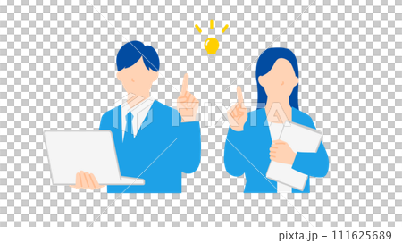 人差し指を立てて解決策をアピールする男女のビジネスパーソンのイラスト 人差し指を立てて解決策をアピールする男女のビジネスパーソンのイラスト 111625689