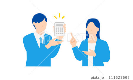 電卓を見せて数字をアピールするビジネスパーソンの男女のイラスト 111625695