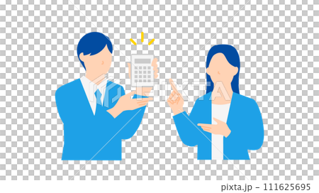 電卓を見せて数字をアピールするビジネスパーソンの男女のイラスト 111625695