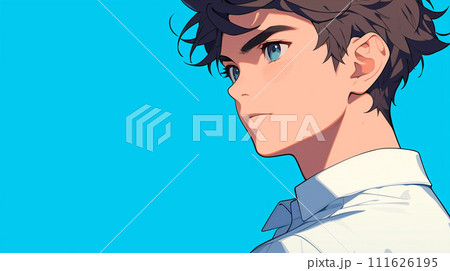 横顔の男子　学生　新社会人　シンプル青背景 111626195
