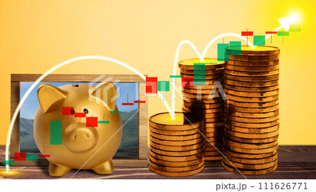 Piggy bank with stack of golden coins with an increased graph arrow 111626771