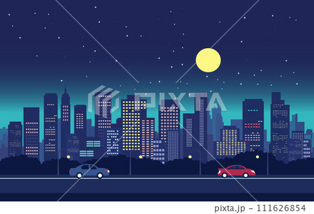 Traffic Road in City at Night with Full Moon Flat Design Illustration Traffic Road in City at Night with Full Moon Flat Design Illustration 111626854