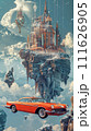 Retrofuturism An orange car flying past a high tech castle among floating islands ai generated 111626905