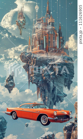 Retrofuturism An orange car flying past a high tech castle among floating islands ai generated 111626905