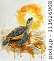 Watercolor scene of a baby sea turtle trekking across a beach of pizza dough under a maple syrup sun ai generated 111626908