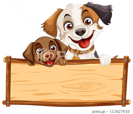 Cheerful Puppies with Wooden Sign 111627010