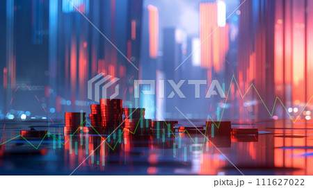 stack of coin with stock market price graph and blur skyscraper background. business finance investment concept 111627022