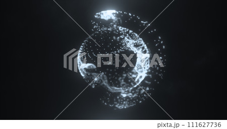 Abstract black and white glowing digital high-tech liquid futuristic energy plasma sphere with lines and particles on dark black background 111627736