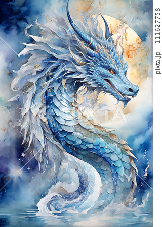 水彩画の青龍のスピリチュアル開運イラストアートのイラスト素材
