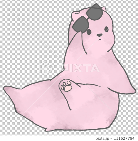 A polar bear (cherry blossom color) twisting its body to face the right while raising its sunglasses. 111627784
