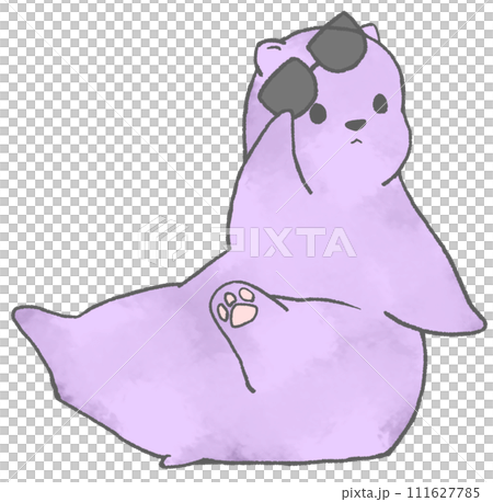 A polar bear (purple) twisting its body to face the right while raising its sunglasses. 111627785