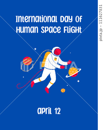 12 April International Day of Human Space Flight. Galaxy postcard with lettering and cosmonaut. Hand drawn flat cartoon elements. Vector illustration 12 April International Day of Human Space Flight. Galaxy postcard with lettering and cosmonaut. Hand drawn flat cartoon elements. Vector illustration 111627831