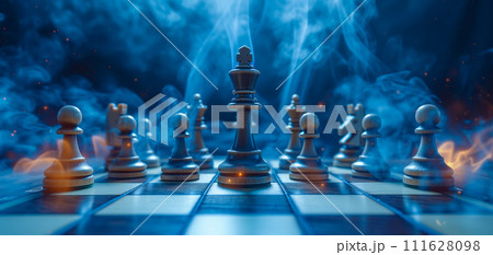 Set of chess pieces element stating on chessboard, queen rook. Cinematic lighting. Leadership, teamwork, partnership, business strategy, and decision concept. Generative Ai. Set of chess pieces element stating on chessboard, queen rook. Cinematic lighting. Leadership, teamwork, partnership, business strategy, and decision concept. Generative Ai. 111628098