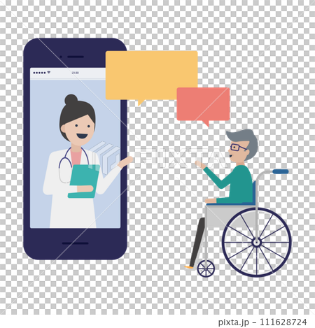 Elderly men in wheelchairs who have difficulty commuting to the hospital can receive home medical care through online medical treatment on their smartphones. 111628724