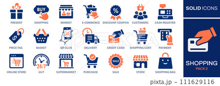 Shopping icon set. Collection of price tag, credit card, supermarket and more. Vector illustration. Easily changes to any color. Shopping icon set. Collection of price tag, credit card, supermarket and more. Vector illustration. Easily changes to any color. 111629116