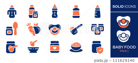 Baby food icon set. Collection of bottle, spoon, jar, powder, milk and more. Vector illustration. Easily changes to any color. 111629140