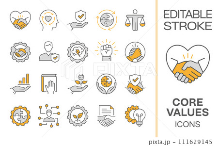Core values icons, such as business, social responsibility, mission, integrity, leadership and more. Editable stroke. 111629145
