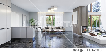 rendering of white modern living room with fireplace 111629189