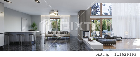 rendering of white modern living room with fireplace 111629193