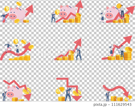 Illustration set of pig piggy bank and gold coins Illustration set of pig piggy bank and gold coins 111629543