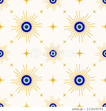 Evil eye seamless pattern. Turkish and Greek blue bead symbol. Magic nazar and ethnic circle amulet for luck. Vector spiritual ornament Evil eye seamless pattern. Turkish and Greek blue bead symbol. Magic nazar and ethnic circle amulet for luck. Vector spiritual ornament 111629741