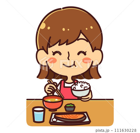 笑顔で食事をする女の子 イラスト素材 笑顔で食事をする女の子 イラスト素材 111630228