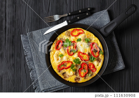 omelette with vegetables in a pan, top view omelette with vegetables in a pan, top view 111630908