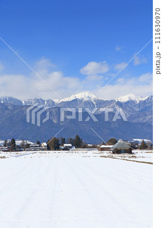 雪景色の安曇野と北アルプス 雪景色の安曇野と北アルプス 111630970