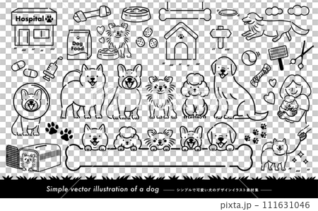可愛的線條畫向量插圖集步行和跑步、狗與主人和寵物_Monotone 111631046