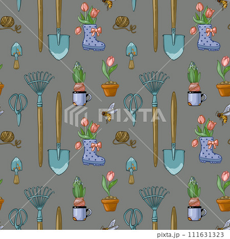 Seamless pattern with spring flowers and garden tools. Seamless pattern with spring flowers and garden tools. 111631323