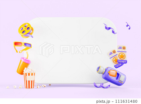 Blank movie poster, white board with cinema tickets, popcorn bucket, drink, 3d glasses, video camera, film reel and flying confetti render. Advertising banner with entertainment icons. 3D illustration 111631480