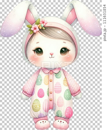 Easter bunny in a cute egg-print onesie, complete with a cozy hood and a warm, inviting smile Easter bunny in a cute egg-print onesie, complete with a cozy hood and a warm, inviting smile 111631854