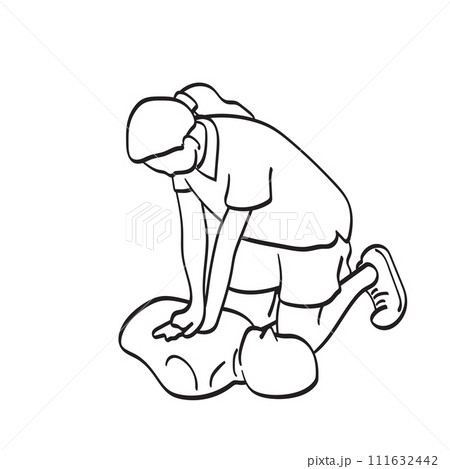 woman performing chest compression on dummy during cpr training class illustration vector hand drawn isolated on white background 111632442